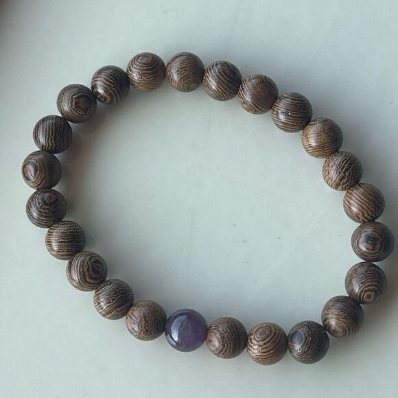 Sandalwood amethyst beaded bracelet ONE NEW stretch reiki meditation yoga - Picture 11 of 11